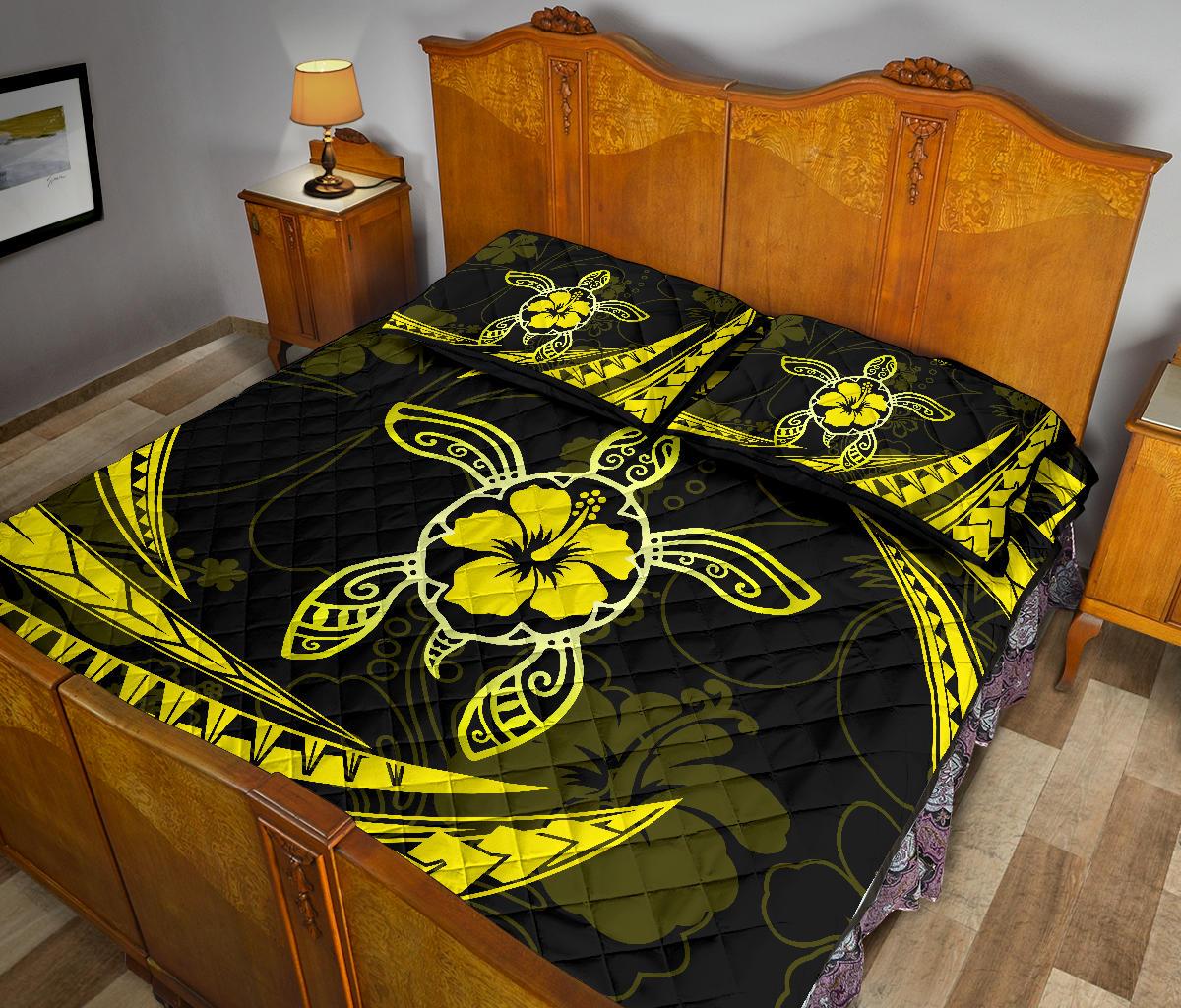 Hawaii Quilt Bed Set - Hibiscus Turtle Tribal Waves Yellow - Polynesian Pride
