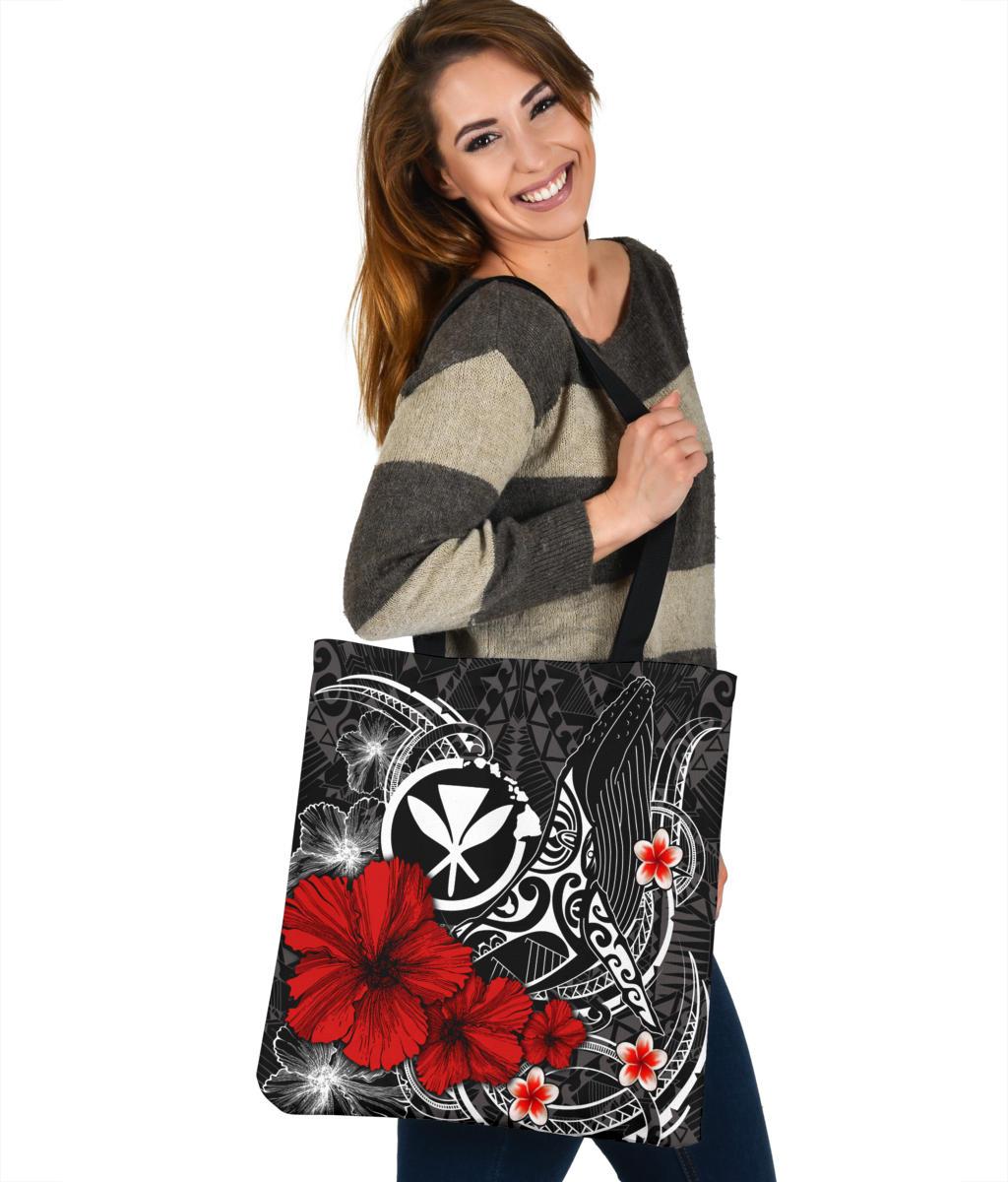 Polynesian Hawaii Kanaka Maoli Tote Bags - Humpback Whale with Hibiscus (White) - Polynesian Pride