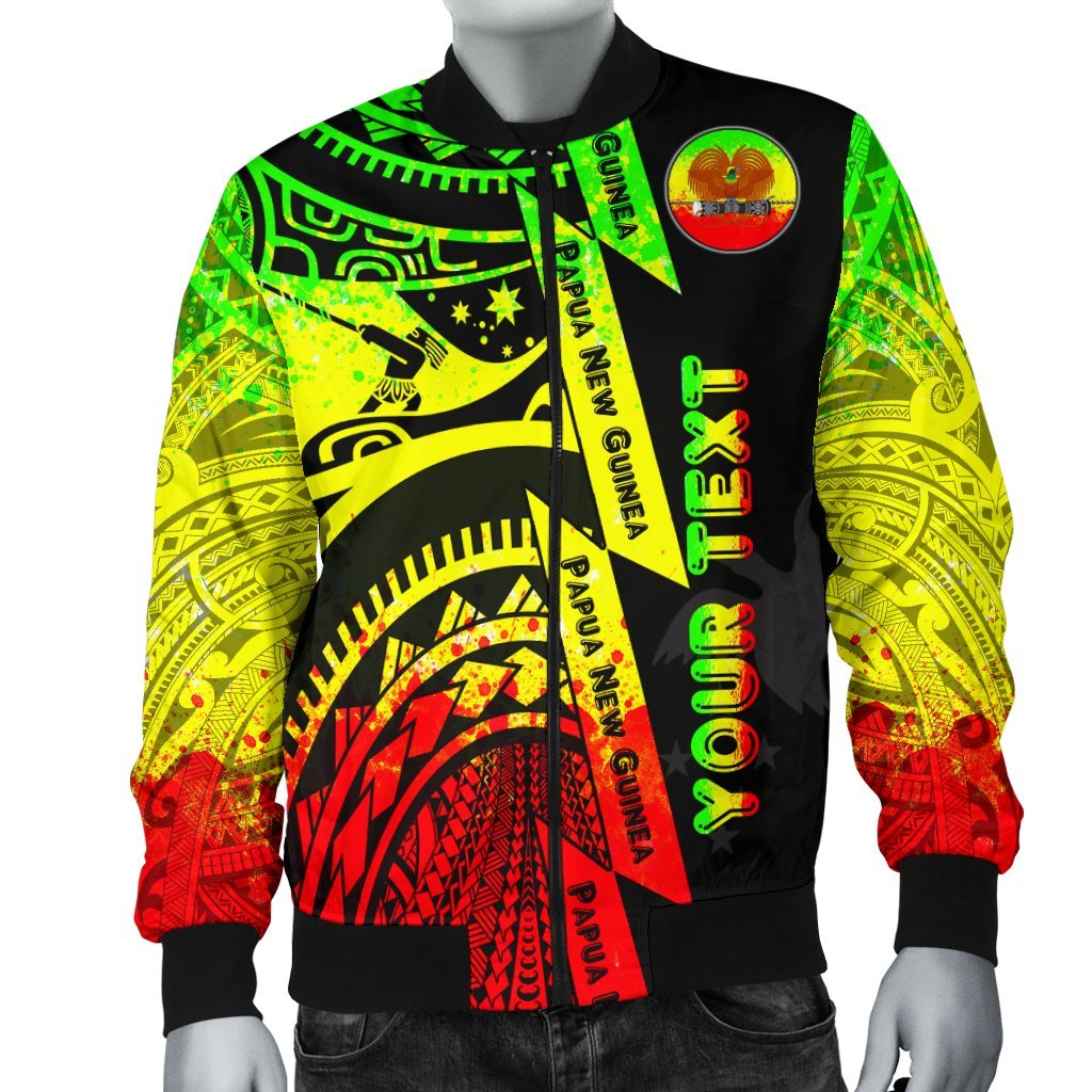 (Custom Personalised) Polynesian Guinea Men's Bomber Jacket - Moana Maui Tattoo With Coat Of Arm Guinea Reggae Black - Polynesian Pride