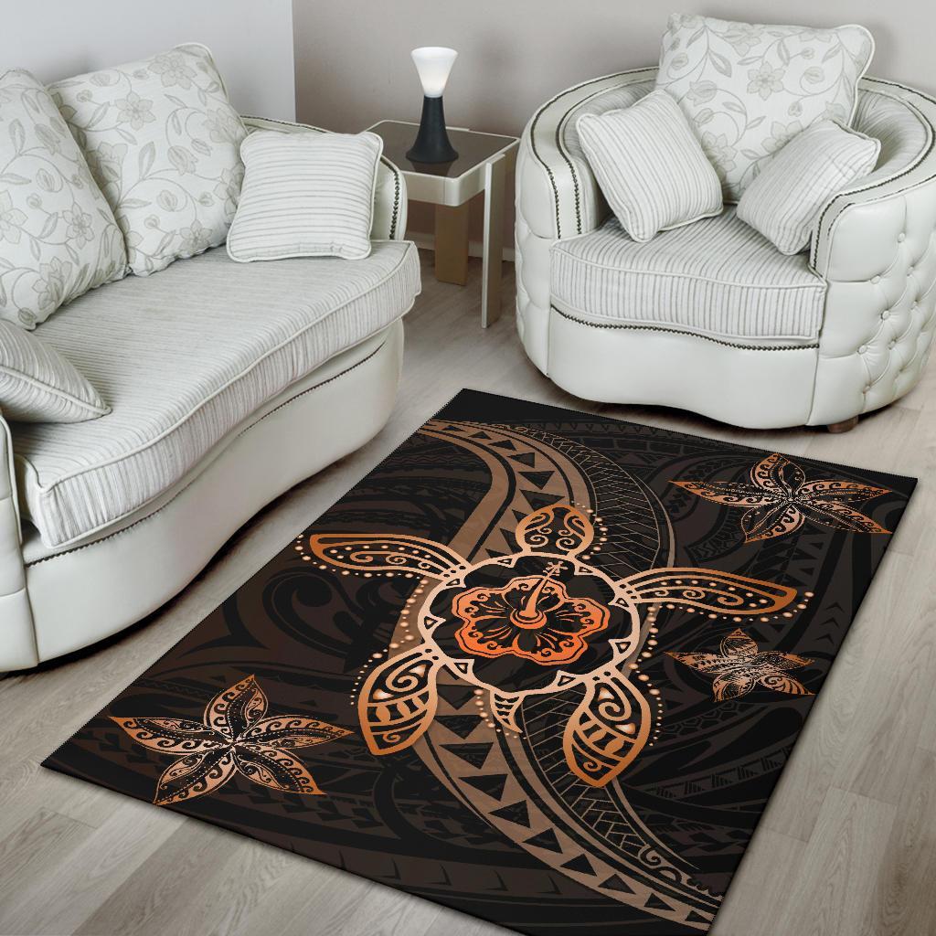 Kanaka Map Hibiscus Plumeria Turtle Art Polynesian Area Rug Orange AH - Polynesian Pride