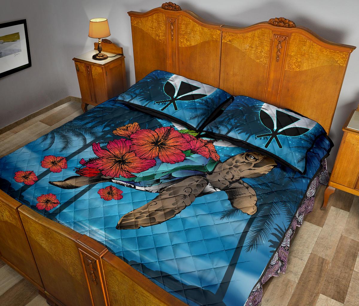 Hawaii Turtle Kanaka Hibiscus Stary Night Quilt Bed Set - Polynesian Pride