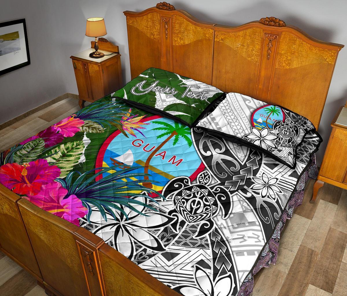Guam Custom Personalised Quilt Bet Set White - Turtle Plumeria Banana Leaf - Polynesian Pride