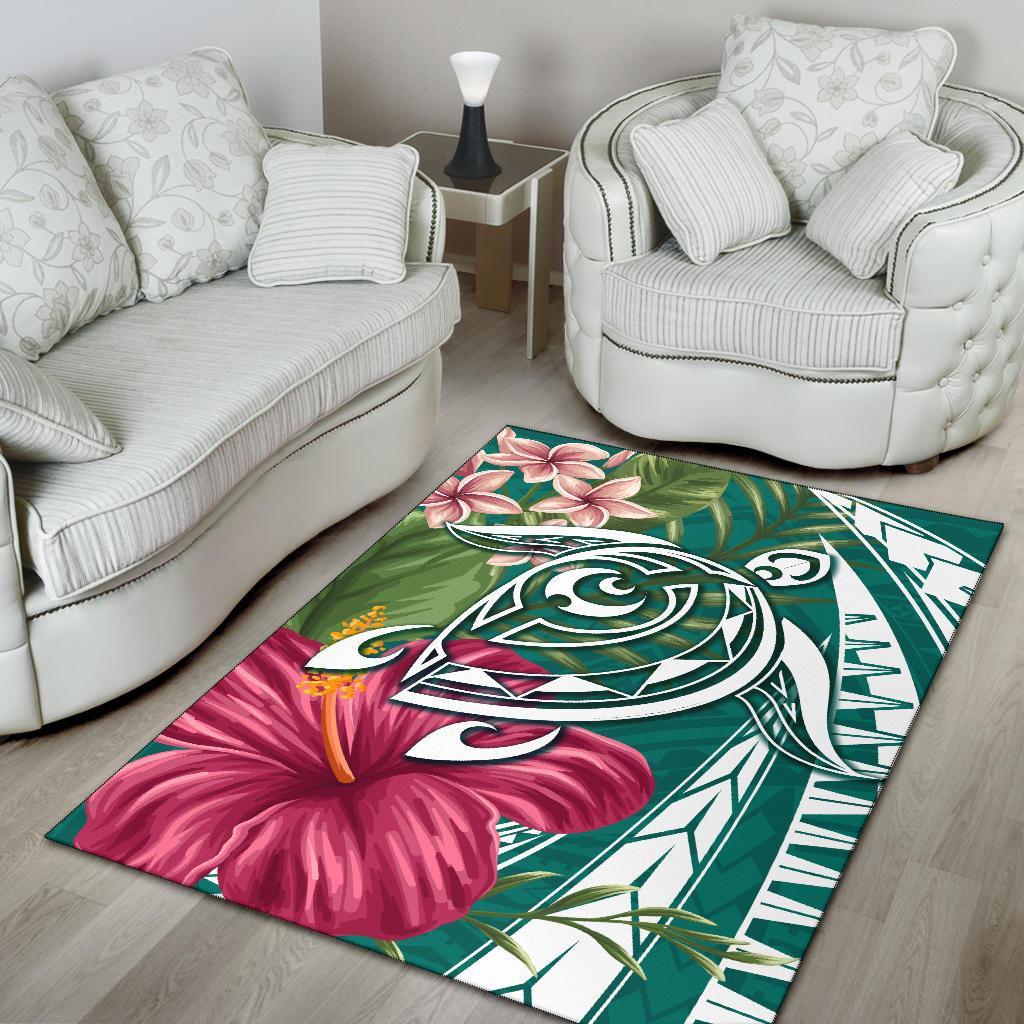 Hawaii Polynesian Turtle Tropical Hibiscus Plumeria Rug - Turquoise - Polynesian Pride