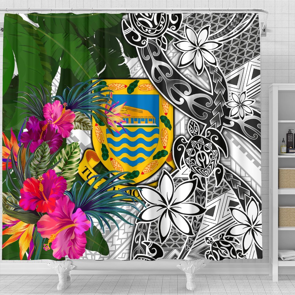 Tuvalu Shower Curtain White - Turtle Plumeria Banana Leaf - Polynesian Pride