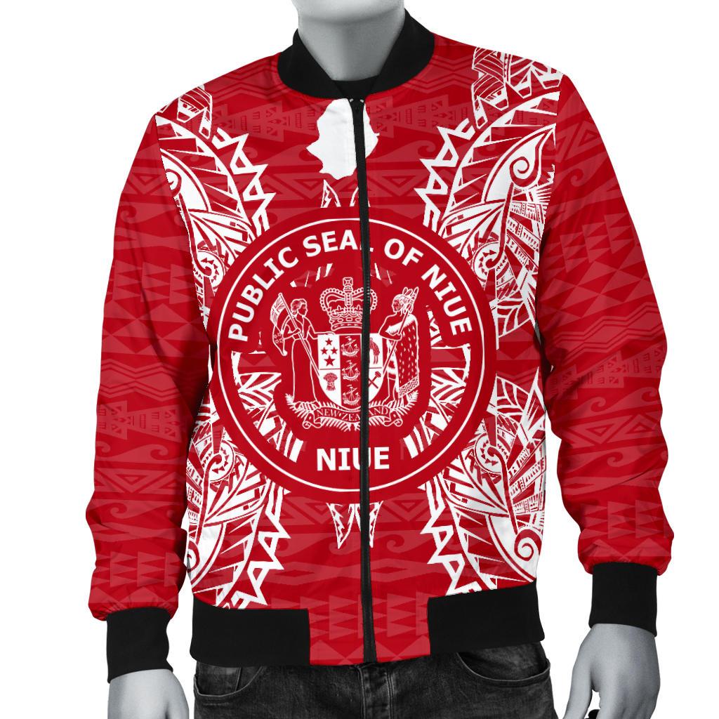 Niue Polynesian Men's Bomber Jacket Map Red White - Polynesian Pride