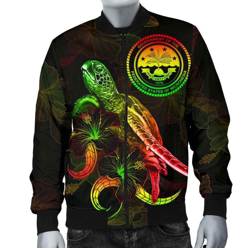 Federated States of Micronesia Polynesian Men's Bomber Jacket - Turtle With Blooming Hibiscus Reggae - Polynesian Pride