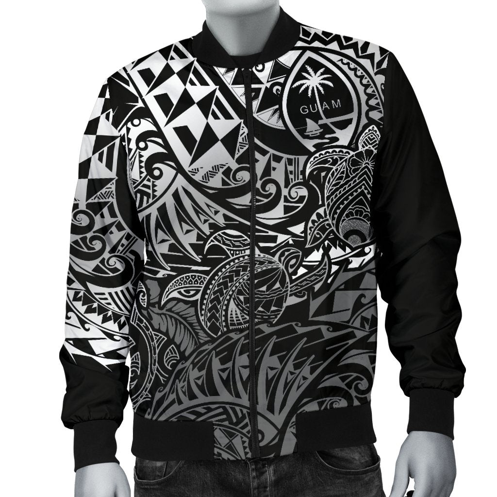 Guam Polynesian Bomber Jacket (Men) - White Turtle Flowing - Polynesian Pride