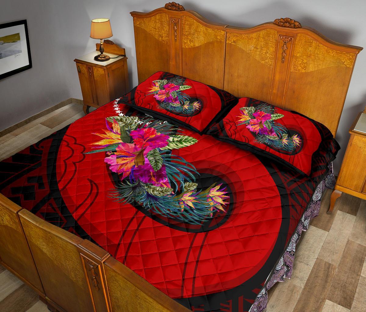 Chuuk Quilt Bed Set - Polynesian Hook And Hibiscus (Red) - Polynesian Pride