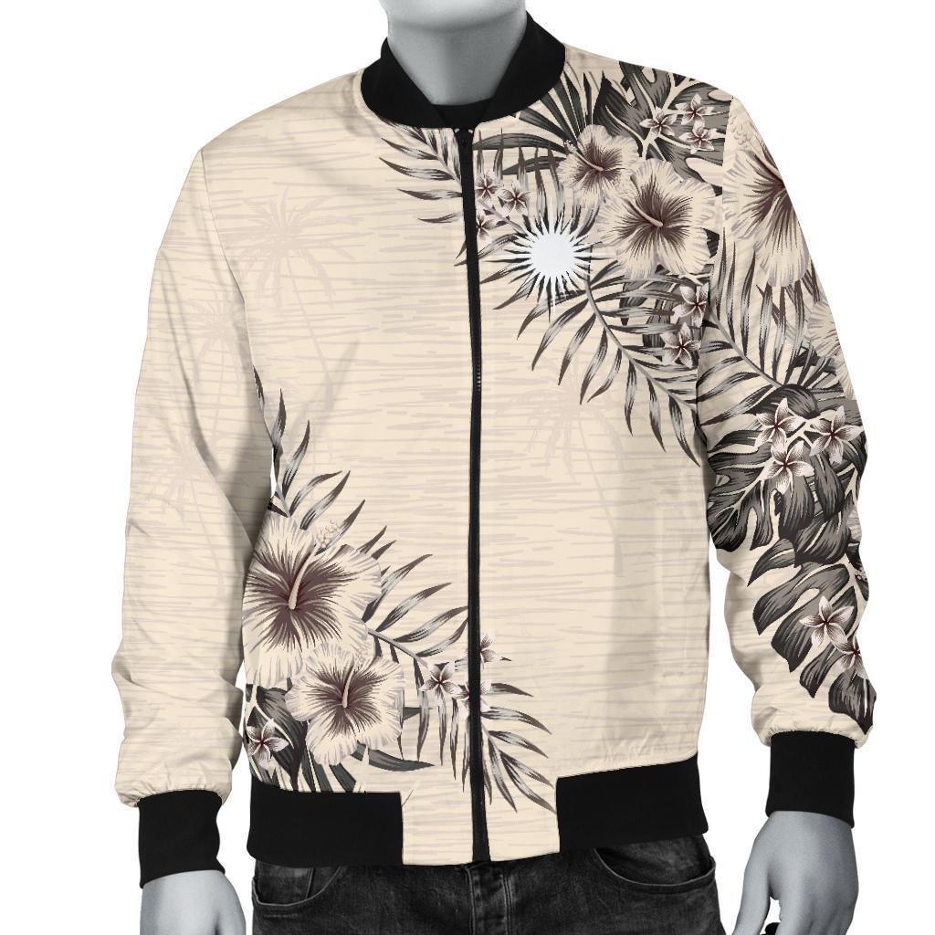 Marshall Islands Men's Bomber Jacket - The Beige Hibiscus Black - Polynesian Pride