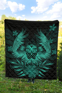 Hawaii Owl Hibiscus Plumeria Premium Quilt - Turquoise - Polynesian Pride