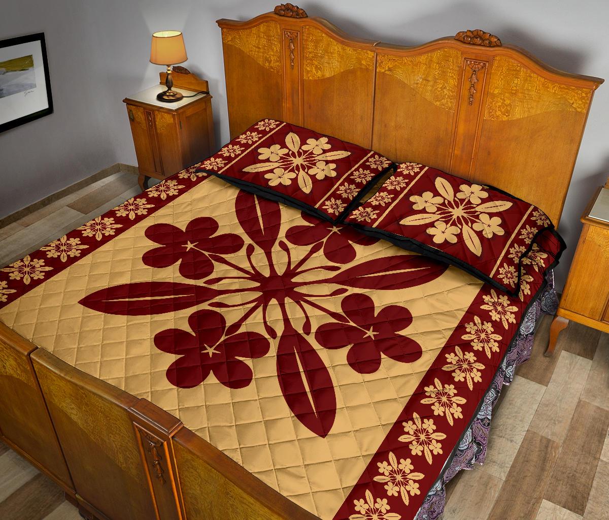 Hawaiian Quilt Pattern Plumeria Lovely Quilt Bed Set - Polynesian Pride
