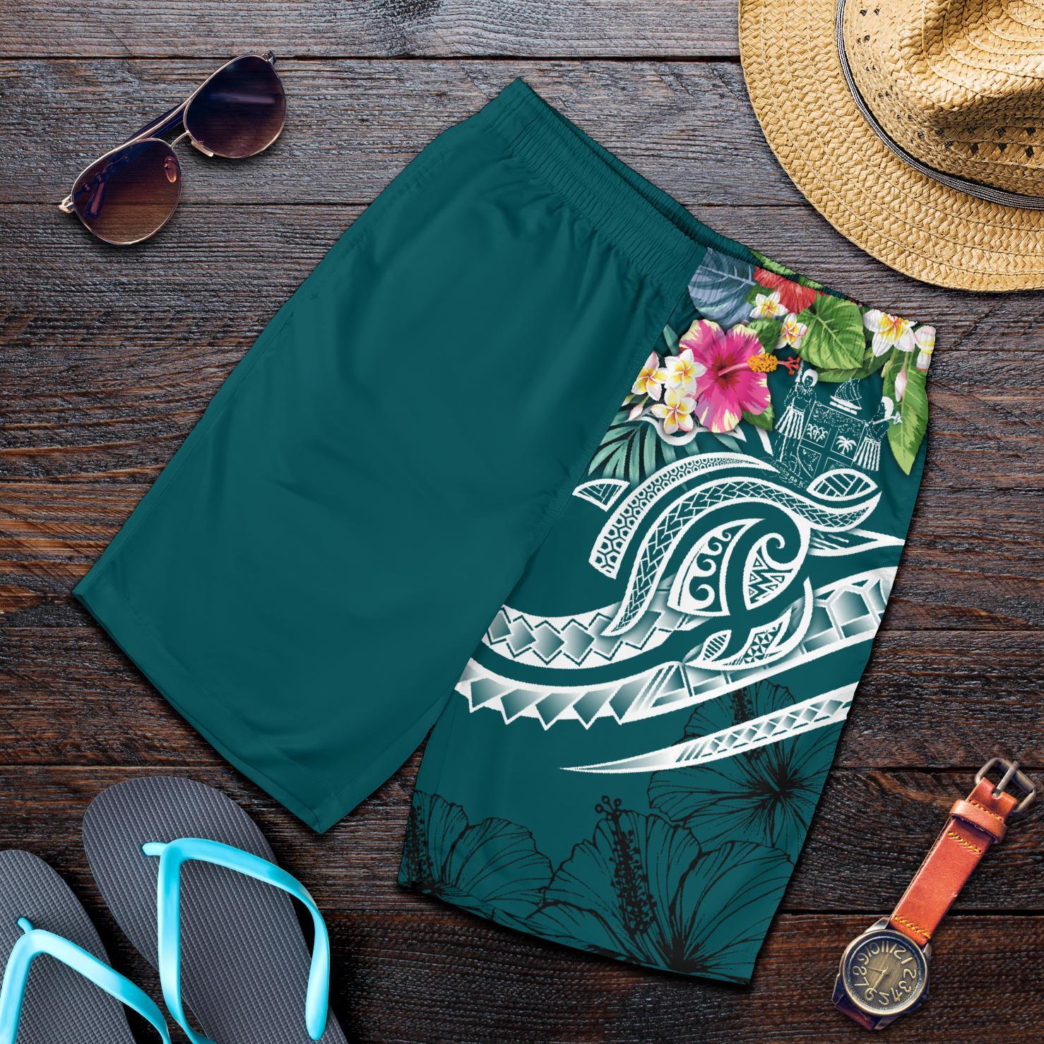 Fiji Polynesian Men's Shorts - Summer Plumeria (Turquoise) Turquoise - Polynesian Pride