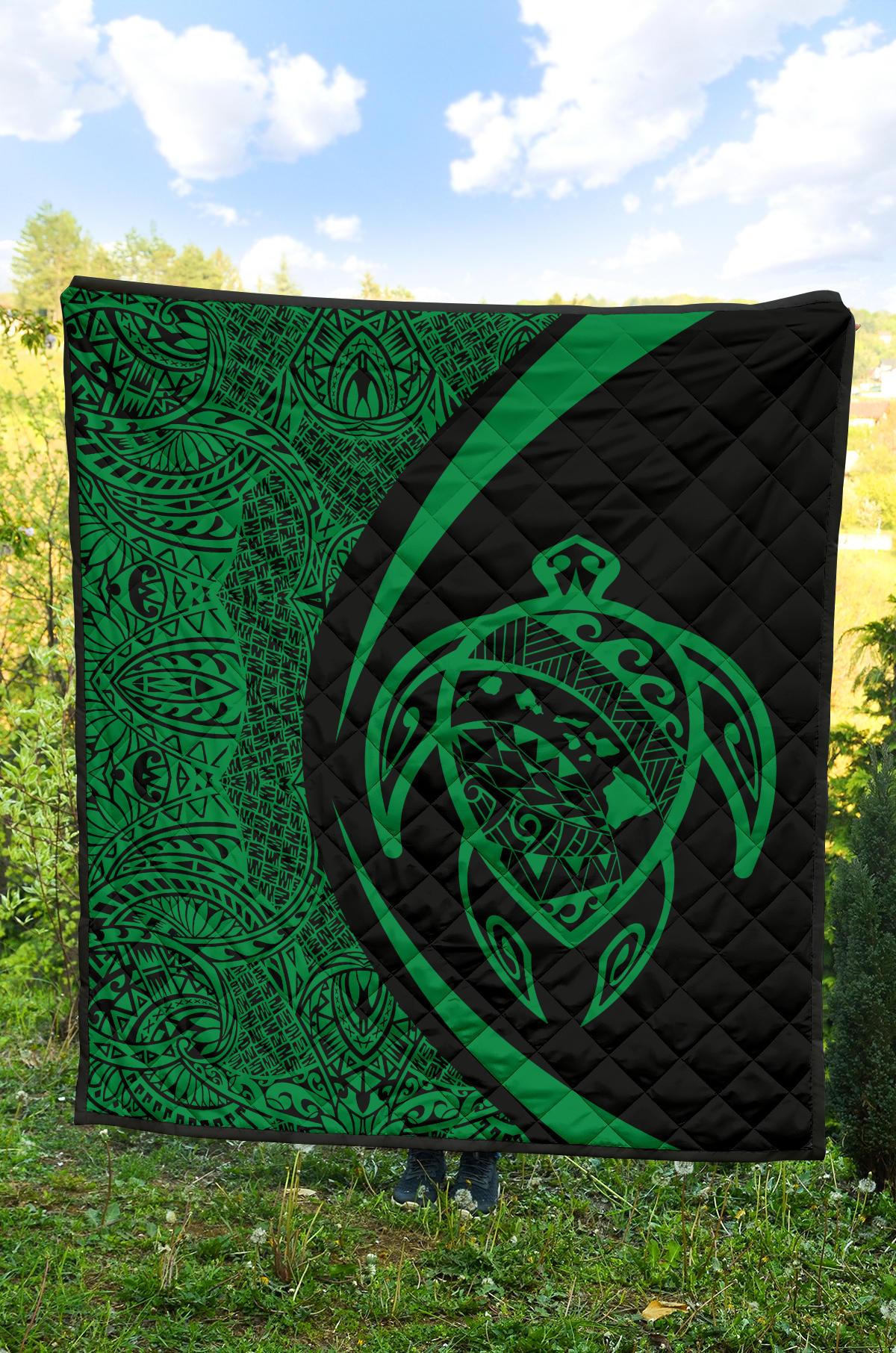 Hawaii Turtle Map Polynesian Premium Quilt - Green - Circle Style - Polynesian Pride