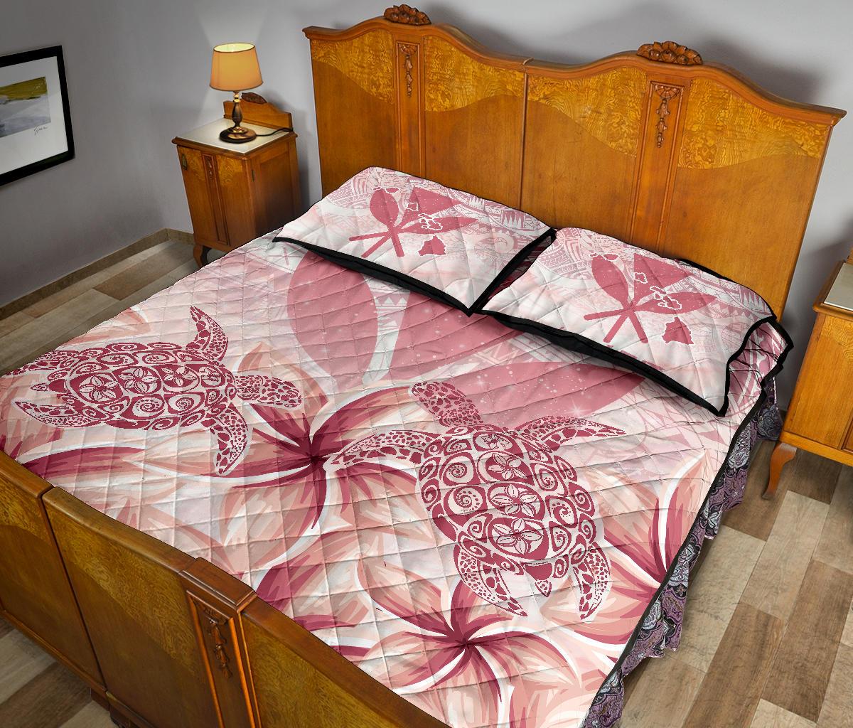 Hawaii Turtle Kanaka Plumeria Polynesian Pink Quilt Bed Set - Polynesian Pride