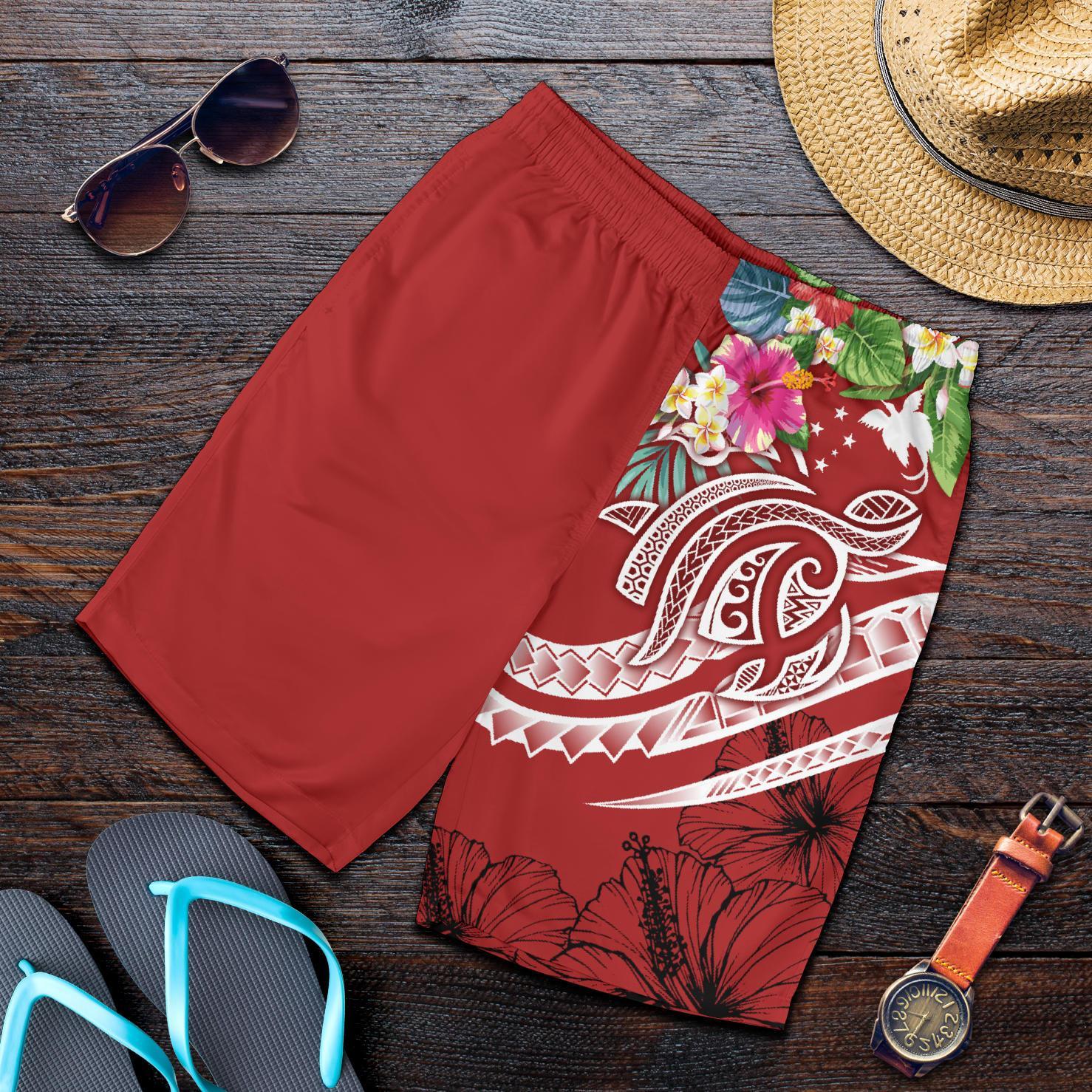 Papua New Guinea Polynesian Men's Shorts - Summer Plumeria (Red) Red - Polynesian Pride