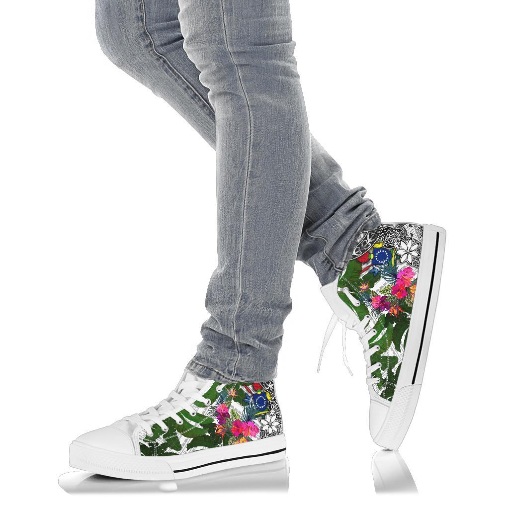Cook Islands High Top Shoes White - Turtle Plumeria Banana Leaf - Polynesian Pride