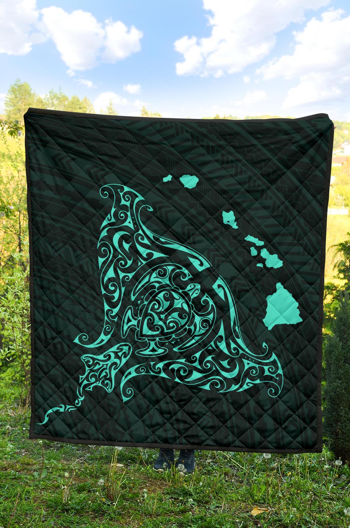 Rays Hawaii Map Polynesian Premium Quilt - Turquoise - Polynesian Pride