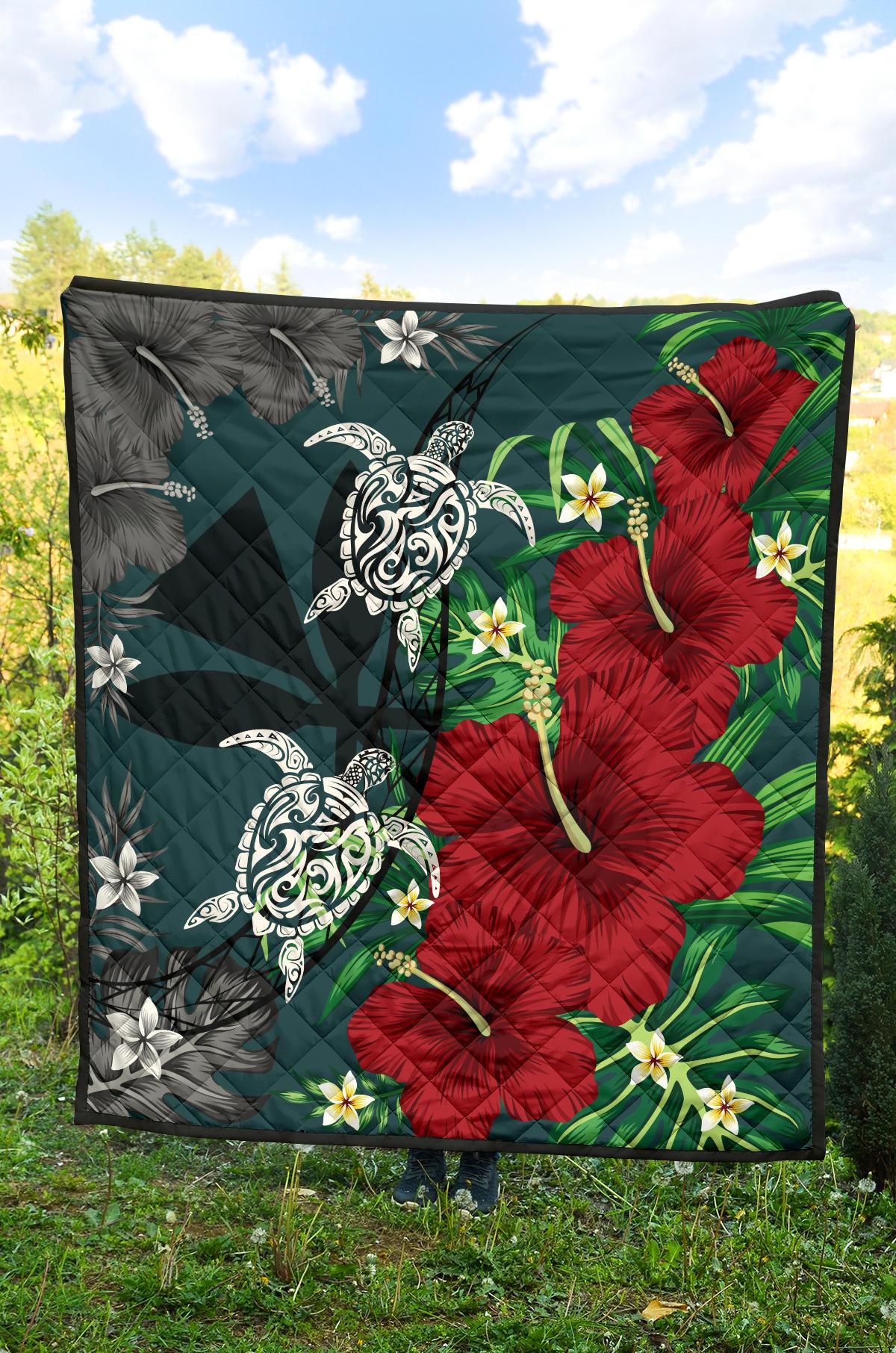 Hawaii Map Turtle Hibiscus Plumeria Polynesian - Premium Quilt AH - Polynesian Pride