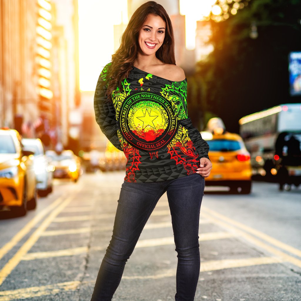 Northern Mariana Islands Polynesian Shoulder Sweater Map Reggae - Polynesian Pride