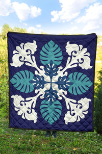Hawaiian Leaves Tropical Pattern Premium Quilt - Blue - Argu Style - AH - Polynesian Pride