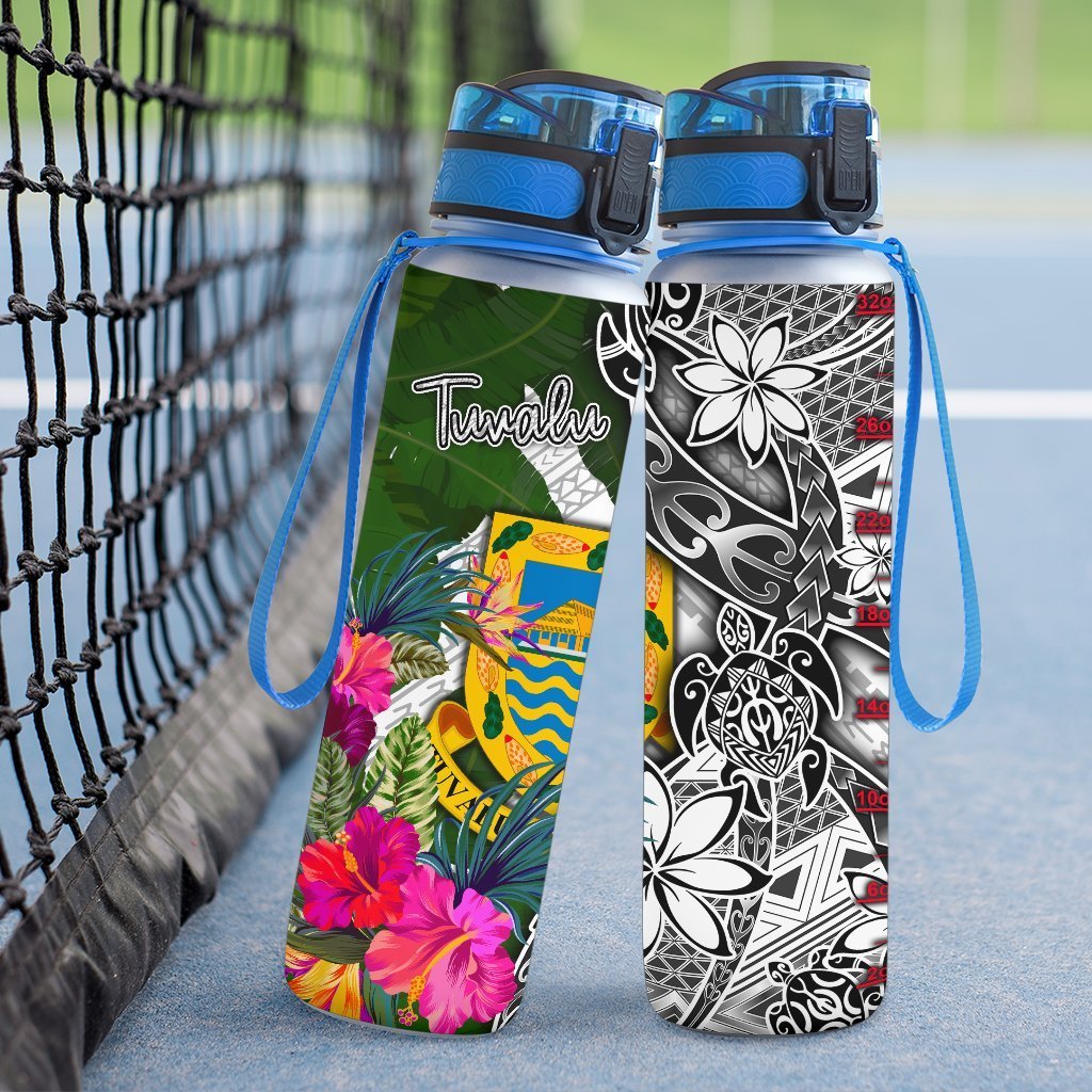 Tuvalu Hydro Tracking Bottle White - Turtle Plumeria Banana Leaf - Polynesian Pride