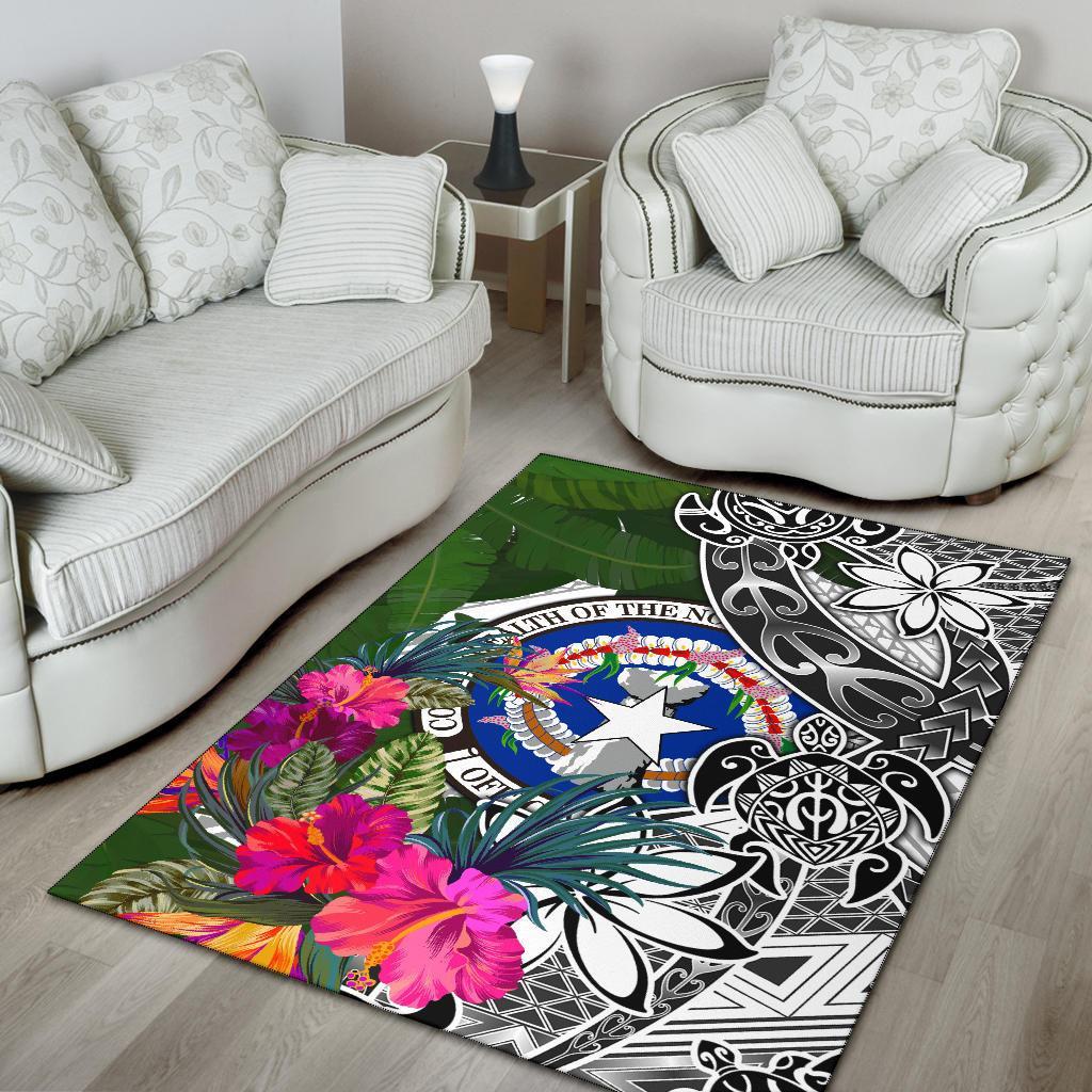 Northern Marianan Islands Area Rug White - Turtle Plumeria Banana Leaf - Polynesian Pride
