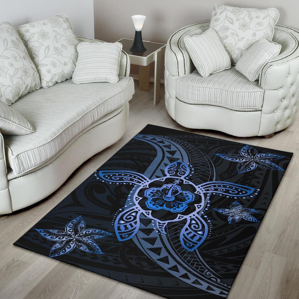 Kanaka Map Hibiscus Plumeria Turtle Art Polynesian Area Rug Blue AH - Polynesian Pride