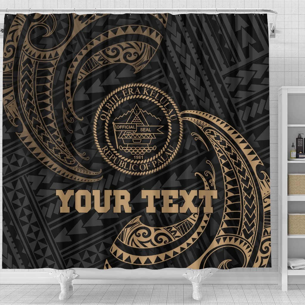 Palau Polynesian Custom Personalised Shower Curtain - Gold Tribal Wave - Polynesian Pride