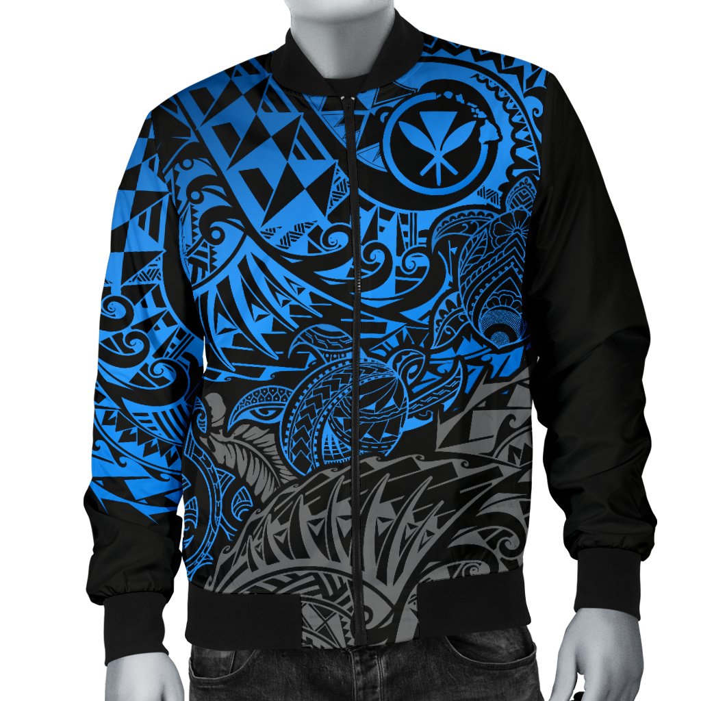 Polynesian Hawaii (Kanaka Maoli) Men Bomber Jacket - Blue Hibiscus Turtle Flowing - Polynesian Pride