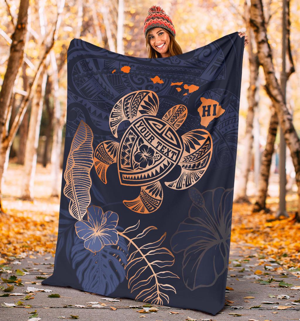 Personalized - Hawaii Kakau Polynesian Turtle Map Premium Blanket - Indigo Premium Blanket - Polynesian Pride