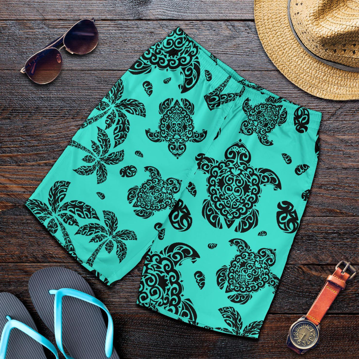 Polynesian Turtle Palm And Sea Pebbles Turquoise Men's Short - Polynesian Pride