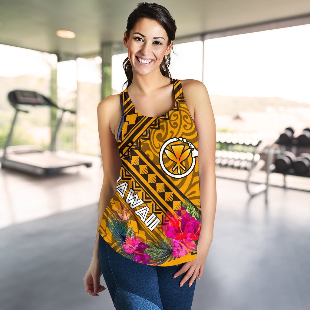 Hawaii Women's Racerback Tank - Kanaka Maoli With Hibiscus On Polynesian Patterns (YELLOW) - Polynesian Pride