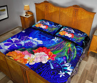 Federated States of Micronesia Quilt Bed Set - Humpback Whale with Tropical Flowers (Blue) - Polynesian Pride