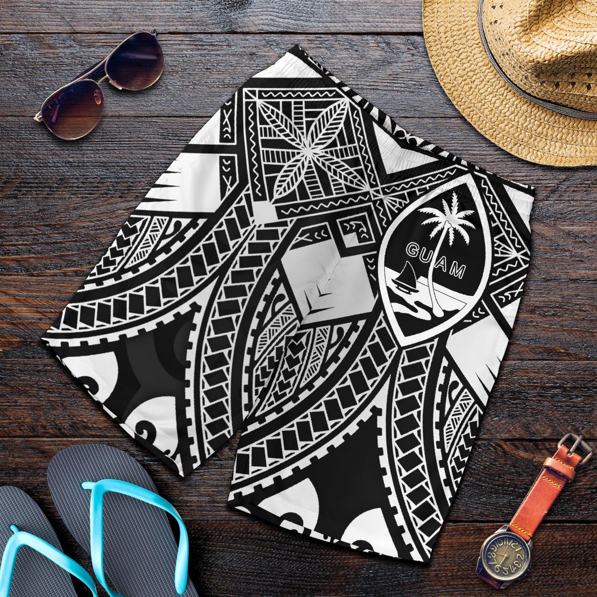 Guam Polynesian Men's Shorts - Guam White Seal with Polynesian Tattoo Ver 01 - Polynesian Pride