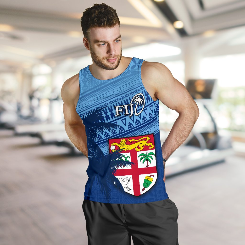 Fiji Rugby Makare And Tapa Patterns Men's Tank Top Blue - Polynesian Pride