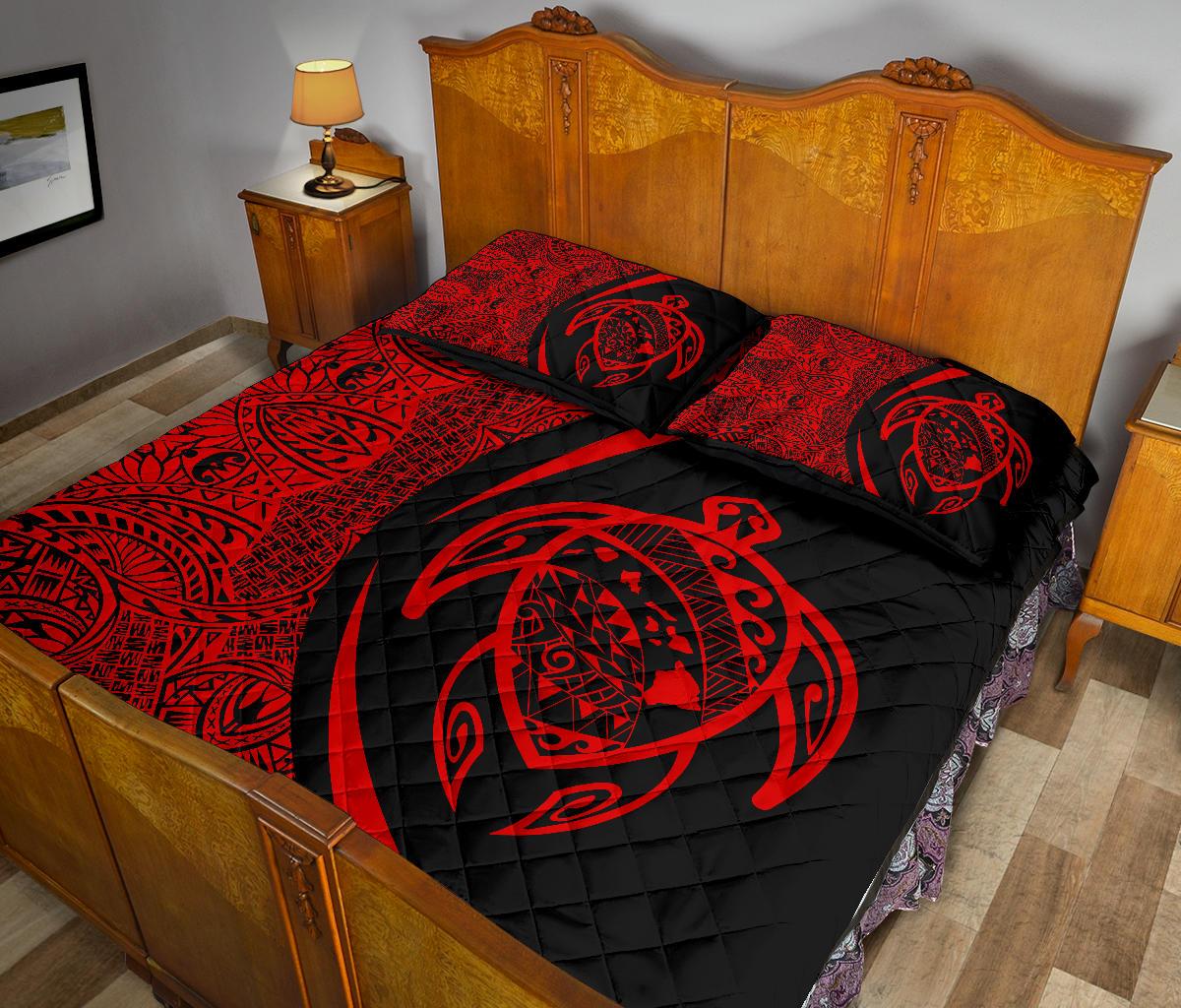 Hawaii Turtle Map Polynesian Quilt Bed Set - Red - Circle Style - Polynesian Pride