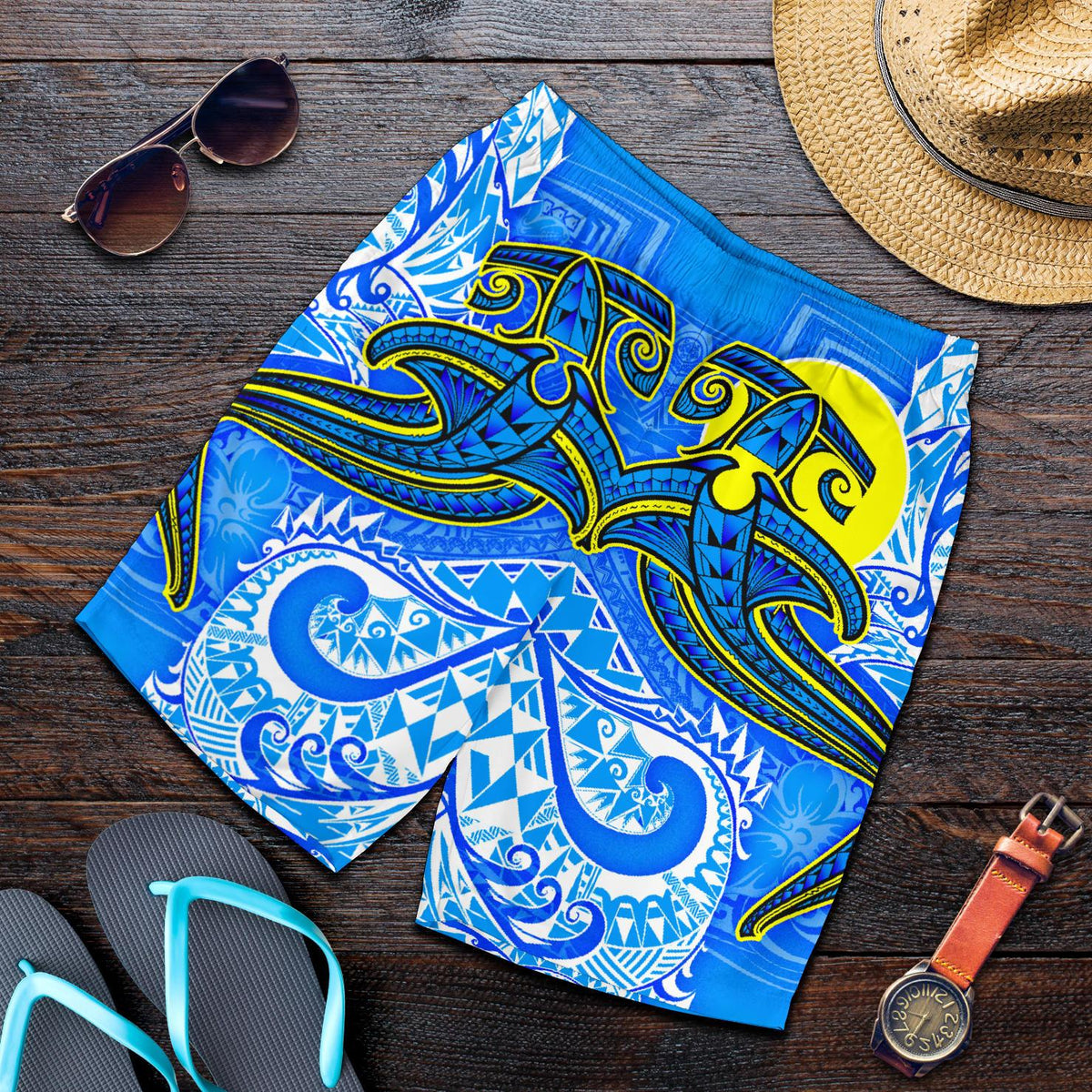 Palau Polynesian Men's Shorts - Palau Flag with Polynesian Tattoo - Polynesian Pride