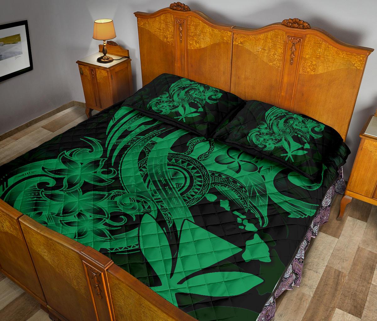 Hawaii Polynesian Quilt Bed Set - Green Kanaka Maoli Tentacle Plumeria - Polynesian Pride