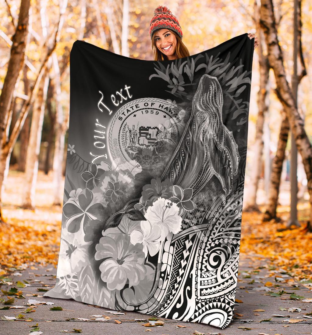 Polynesian Hawaii Custom Personalised Premium Blanket - Humpback Whale with Tropical Flowers (White) - Polynesian Pride
