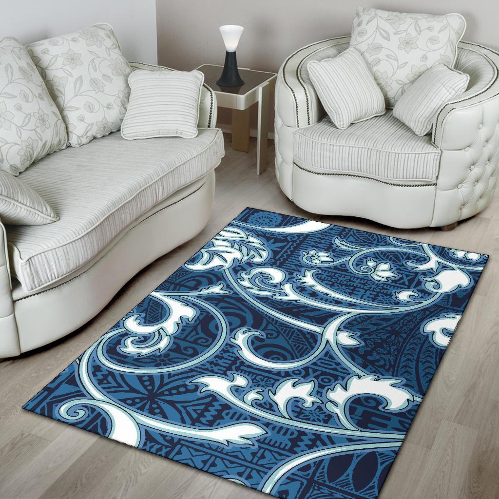 Polynesian Area Rug - Flourish Style With Tribal Fabric Blue Color - Polynesian Pride