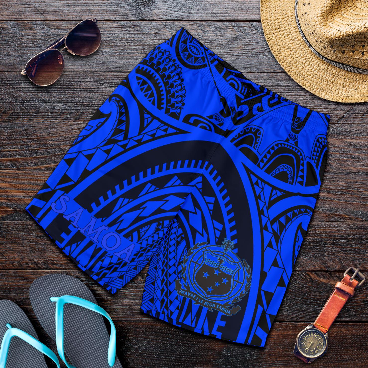 Samoa Men Shorts - Samoa Coat Of Arm, Maui Tattoo Blue Blue - Polynesian Pride