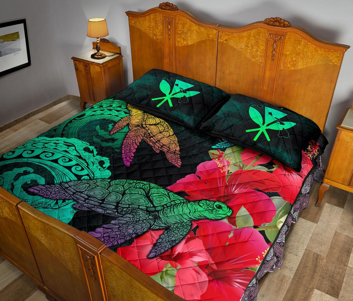 Hawaii Turtle Wave Hibiscus Quilt Bed Set - Unia Style - Polynesian Pride