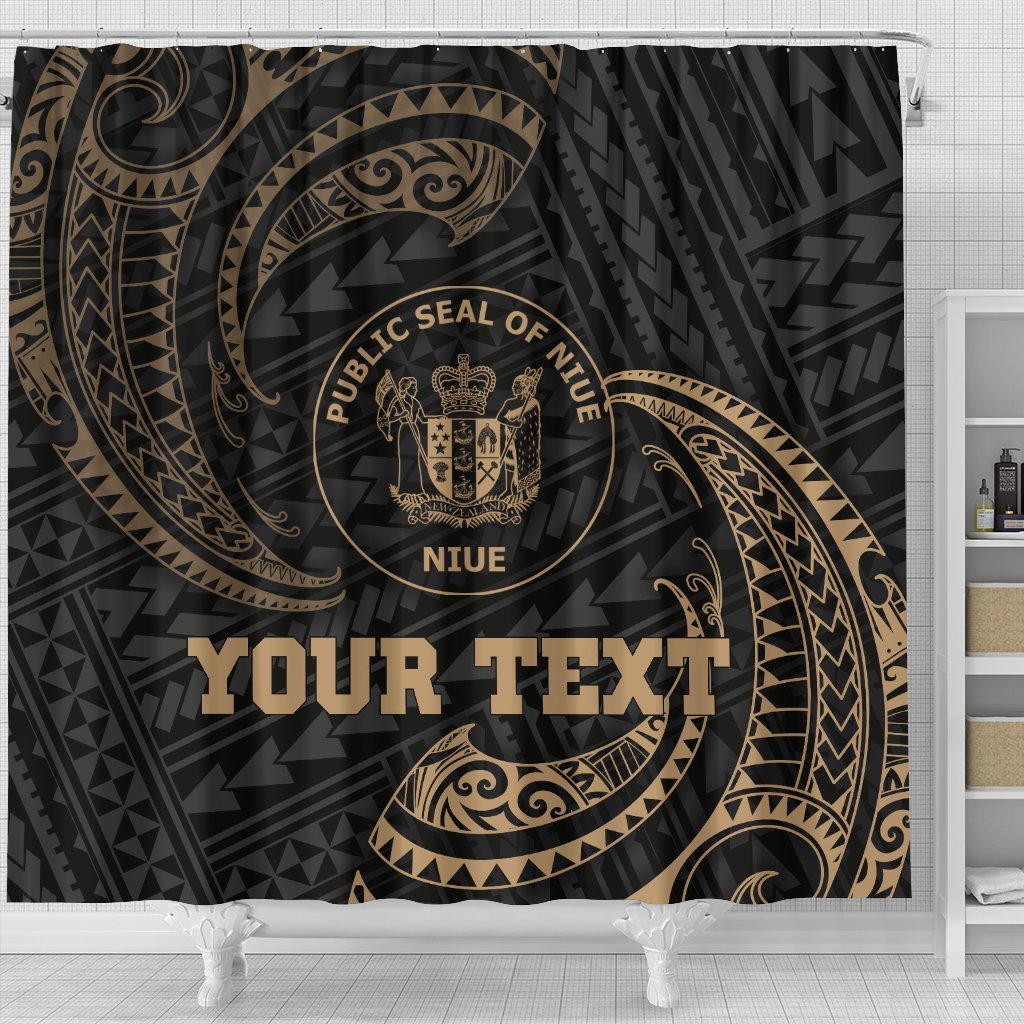 Niue Polynesian Custom Personalised Shower Curtain - Gold Tribal Wave - Polynesian Pride