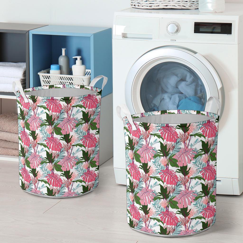 Pink Monstera And Green Tropical Leaves White Hawaii Laundry Basket AH - Polynesian Pride