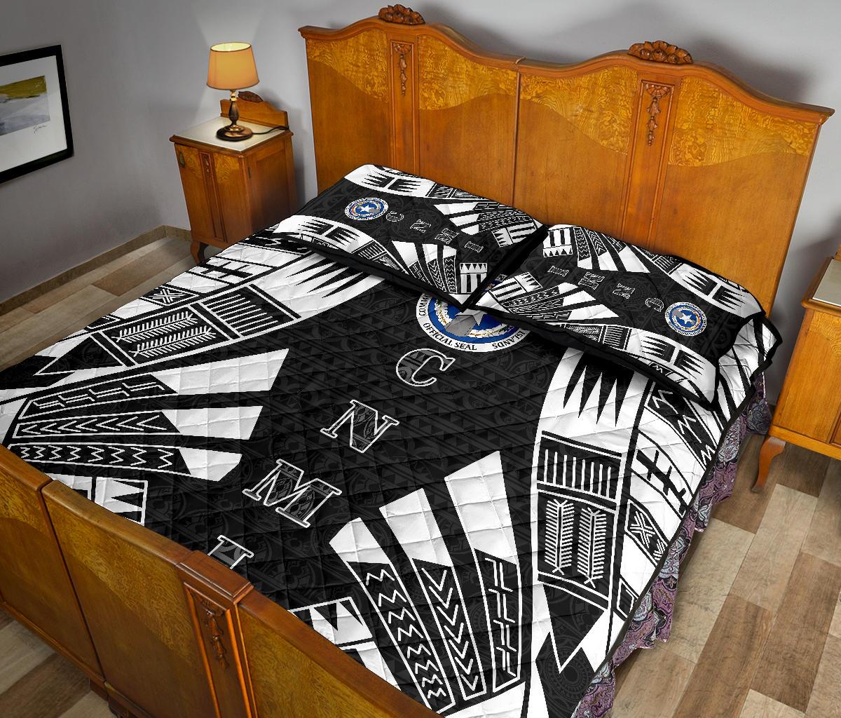 Northern Mariana Islands Quilt Bed Set - Northern Mariana Islands Seal & Polynesian White Tattoo Style - Polynesian Pride