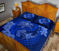 Hawaii Yin Yang Turtle Shark Hibiscus Plumeria Quilt Bed Set - Blue - Polynesian Pride