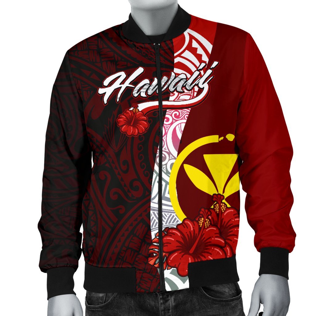 Hawaii Polynesian Men's Bomber Jacket - Coat Of Arm With Hibiscus - Polynesian Pride