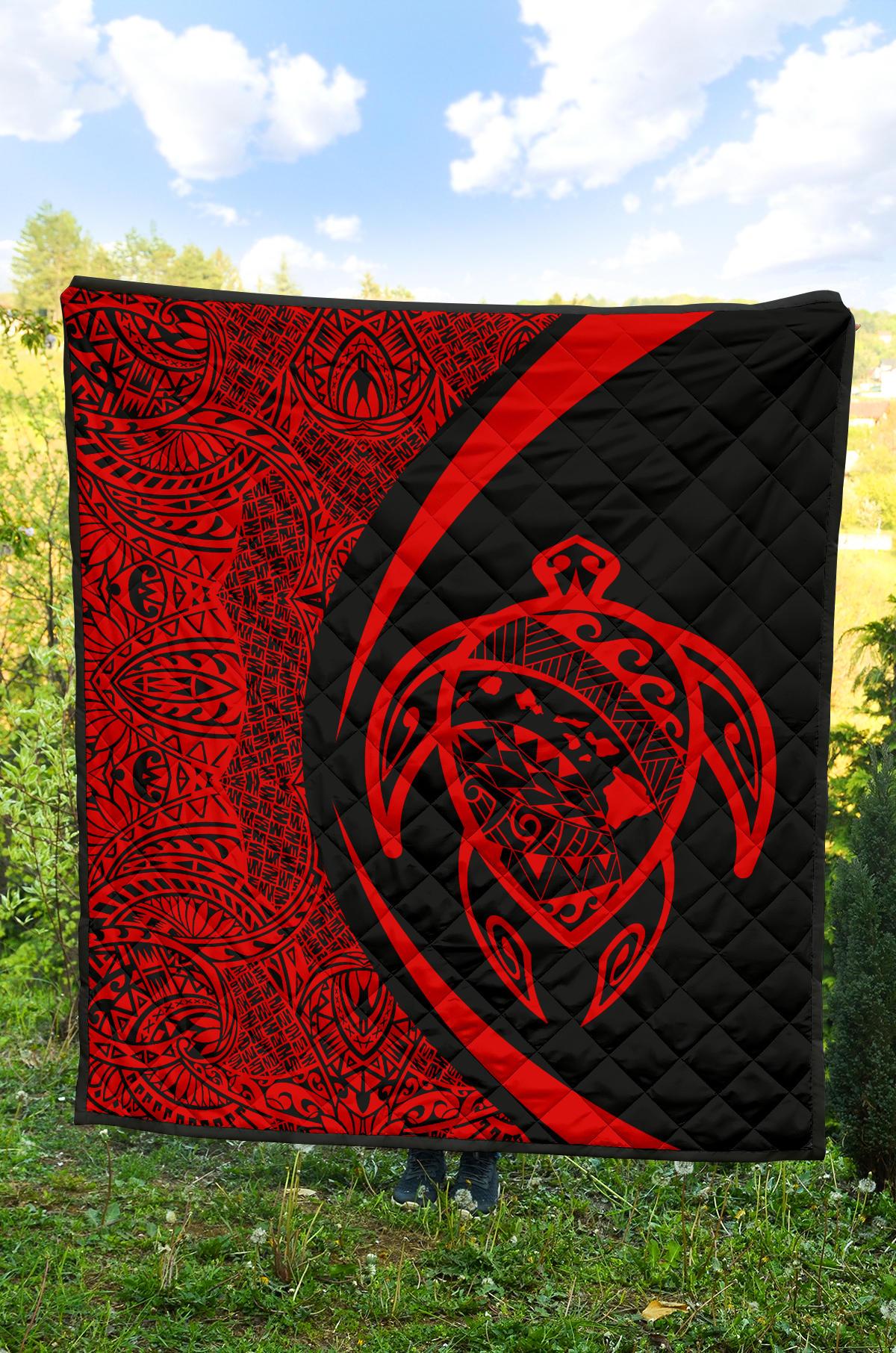 Hawaii Turtle Map Polynesian Premium Quilt - Red - Circle Style - Polynesian Pride