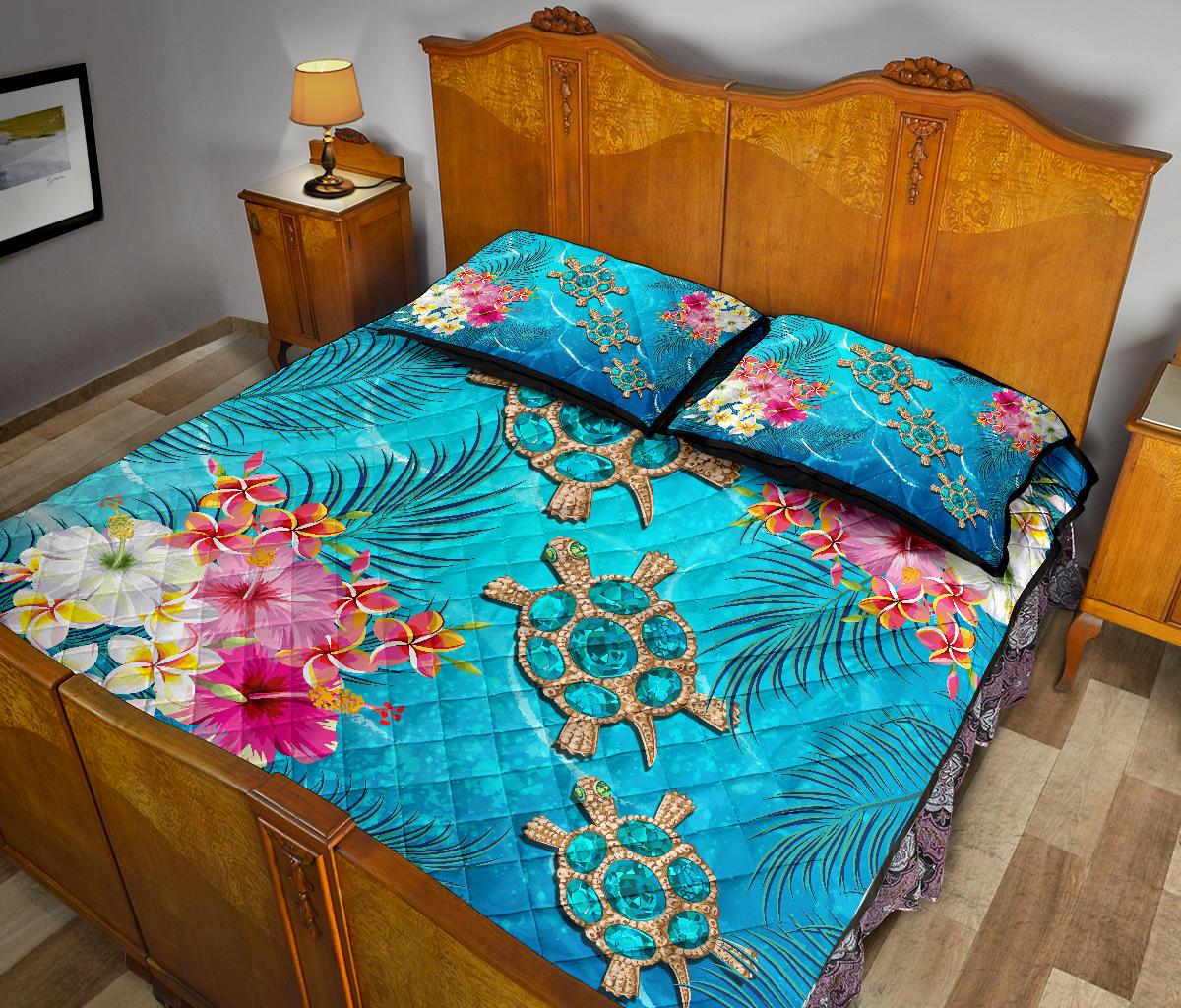 Hawaii Turtle Ocean Tropical Flowers Quilt Bed Set - Siri Style - AH - Polynesian Pride