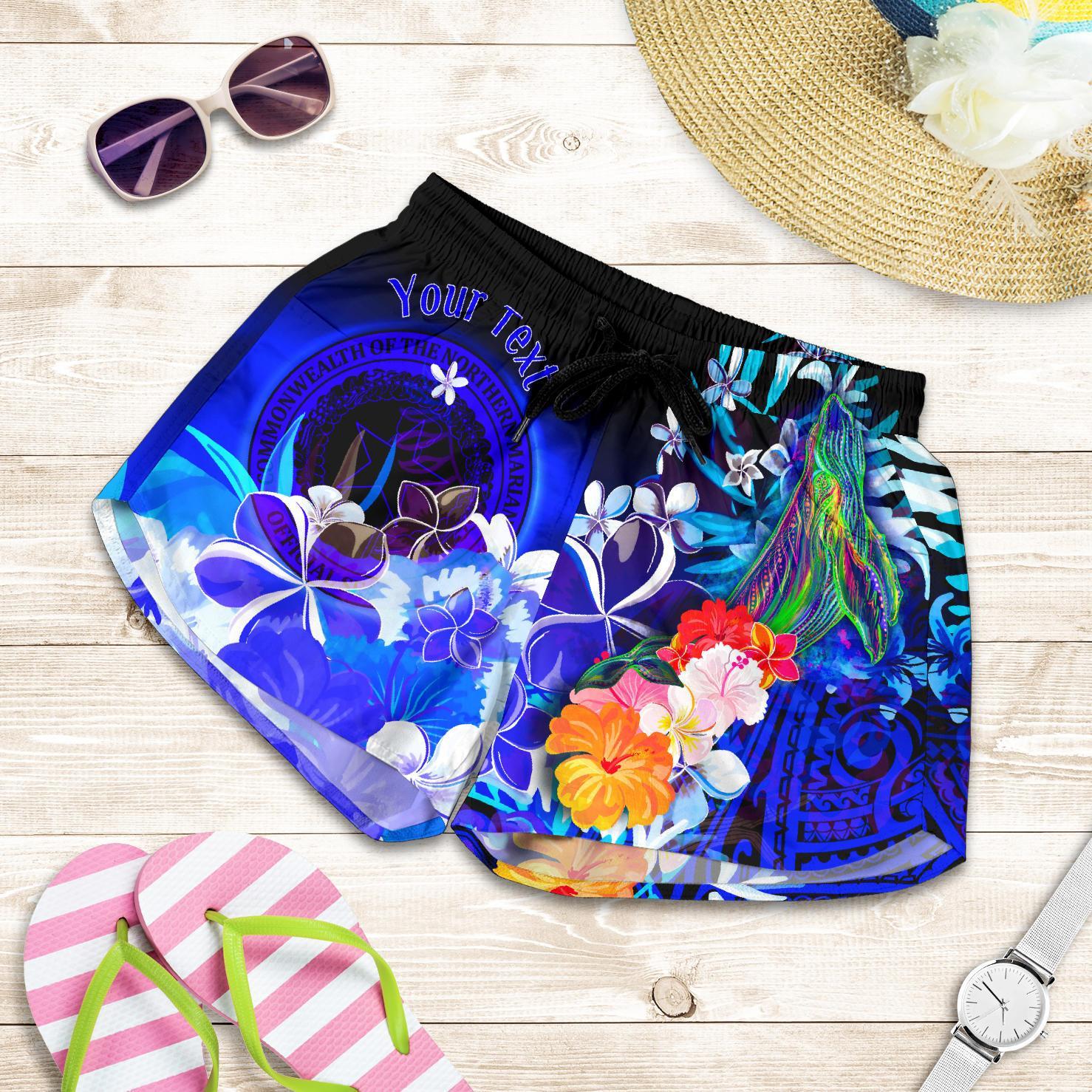 CNMI Custom Personalised Women's Shorts - Humpback Whale with Tropical Flowers (Blue) Women Blue - Polynesian Pride